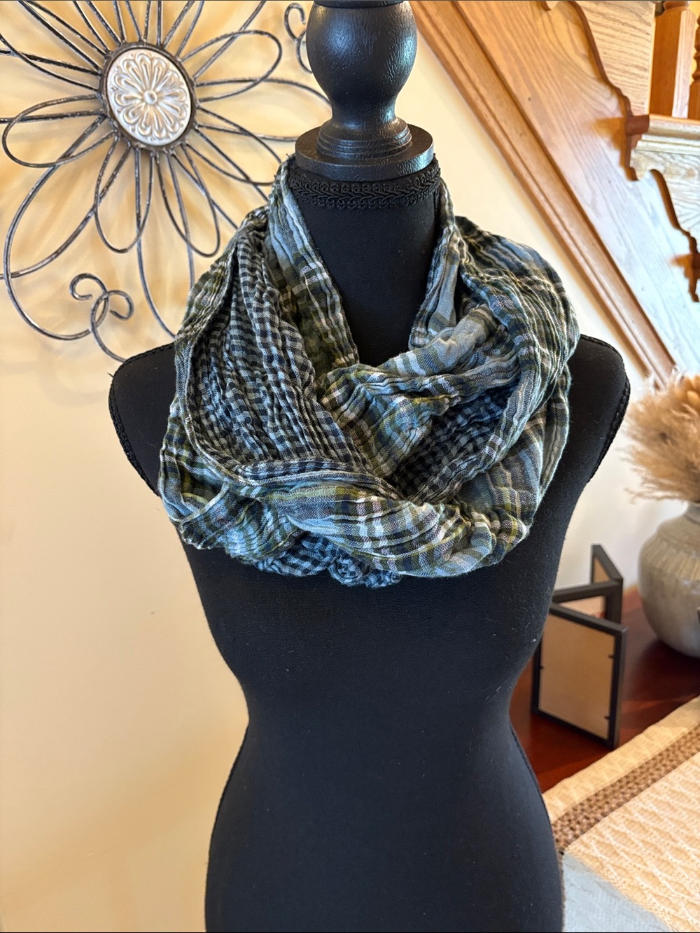 J. Jill Blue, Olive, Cream, and Black Plaid Infinity Scarf Reversible
